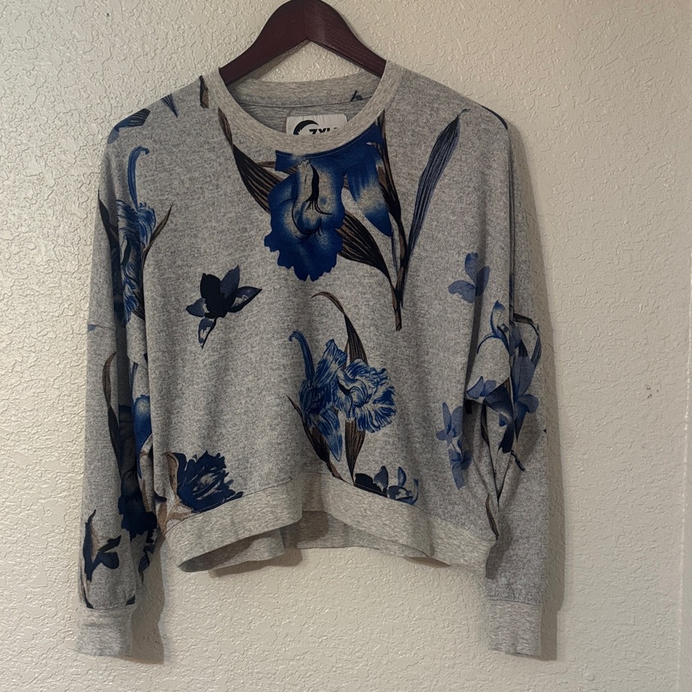 Gray Sweatshirt with Blue Floral Design